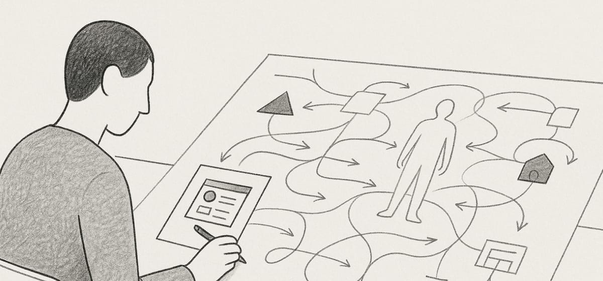 Hand-drawn black-and-white illustration of a person sketching a small interface over a large healthcare system diagram.