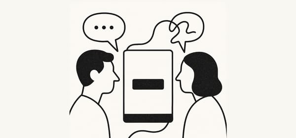 Two people face each other with a screen between them. Their speech bubbles appear tangled or unclear, while the screen remains blank.