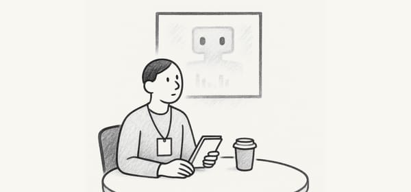 Person at a table observing an AI screen, holding a notebook with a coffee nearby.