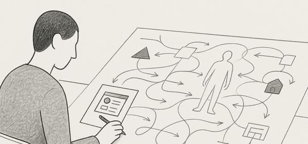 Hand-drawn black-and-white illustration of a person sketching a small interface over a large healthcare system diagram.