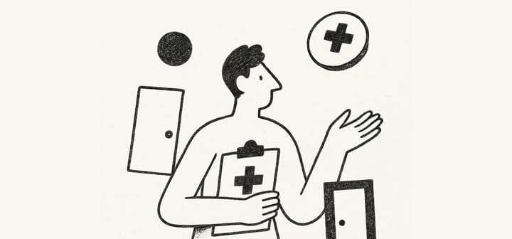 Hand-drawn black and white illustration of a person holding a clipboard, surrounded by abstract symbols like a door and a cross.