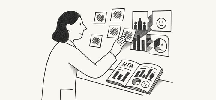 Female researcher in lab coat placing sticky notes over clinical charts, with an open HTA report nearby. Charts subtly transform into human figures and emotion icons.