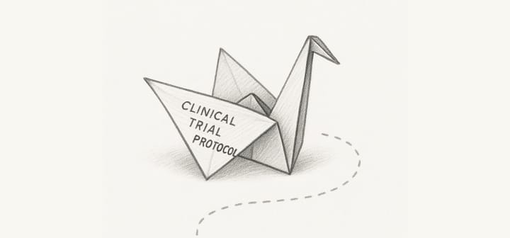 Hand-drawn black-and-white illustration of an origami crane folded from a sheet labeled ‘Clinical Trial Protocol.’ 