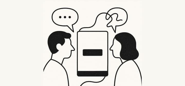 Two people face each other with a screen between them. Their speech bubbles appear tangled or unclear, while the screen remains blank.