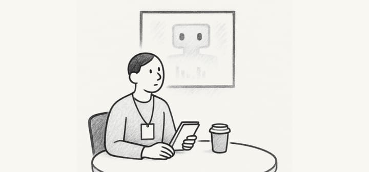 Person at a table observing an AI screen, holding a notebook with a coffee nearby.